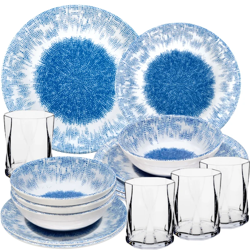 Melamin Geschirr Set Wish Flower Blau für 4 Personen - 16 Teile - mit klarem Trinkglas 300ml Steingutoptik Spülmaschinengeeignet Essgeschirr Campingzubehör Campinggeschirr Wohnwagen Camping