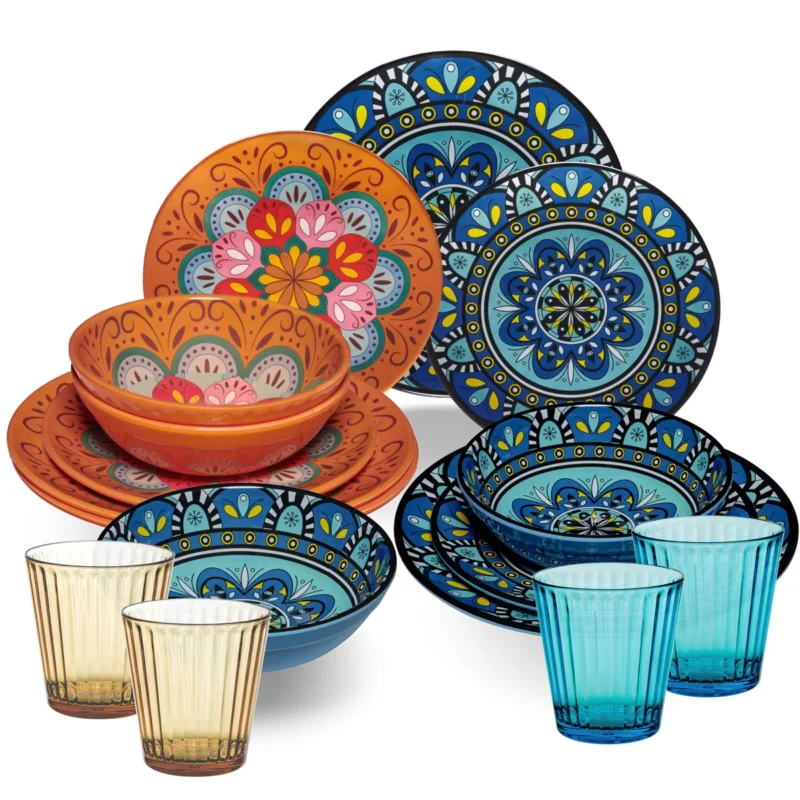 Melamin Geschirr Set Toskana Pastel für 4 Personen - 16 Teile - Orange-Blau - Mandala-Optik mit farblich passenden Trinkgläsern 360 ml aus Acryl Campinggeschirr