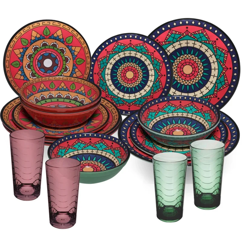 Melamin Geschirr Set Toskana Deep für 4 Personen - 16 Teile Rot-Grün - Mandala-Optik mit farblich passenden Trinkgläsern 260 ml Campinggeschirr