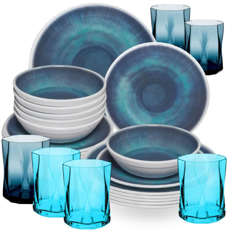 Melamin Geschirr Set Jesolo Blau für 6 Personen - 24 Teile - mit farblich passenden Trinkgläsern 300ml aus Acryl Campinggeschirr