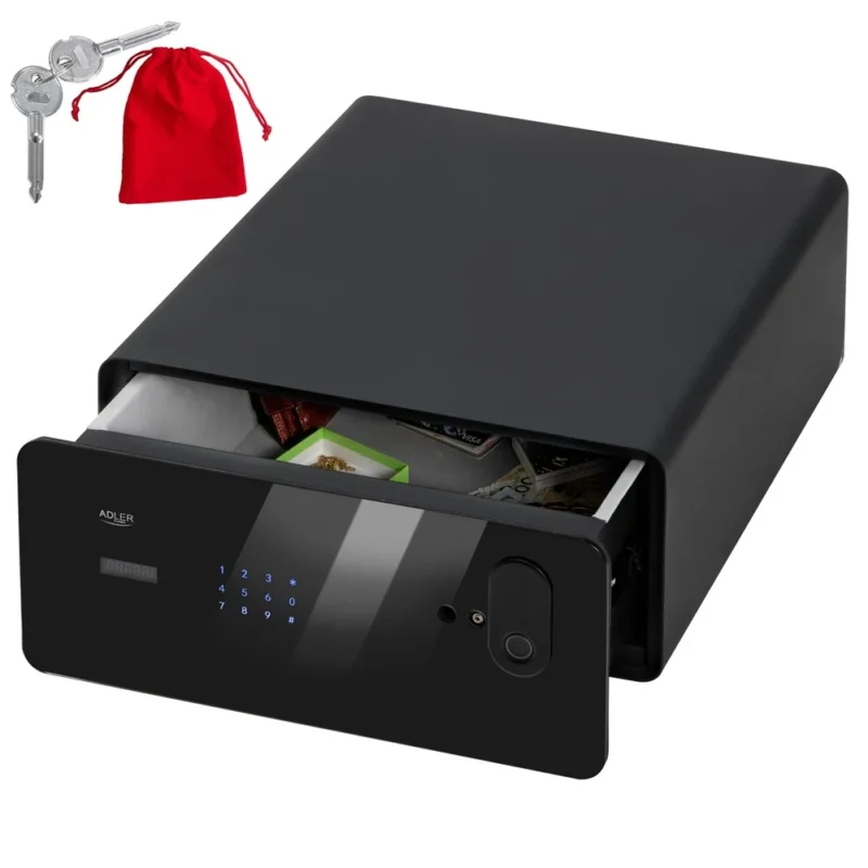 Adler AD 1044 Tresor mit Fingerabdruck, Möbeltresor 17 L, Safe mit Zahlencode, Notschlüssel, Alarm, Touchscreen, Dokumententresor für Zuhause Büro, Schwarz