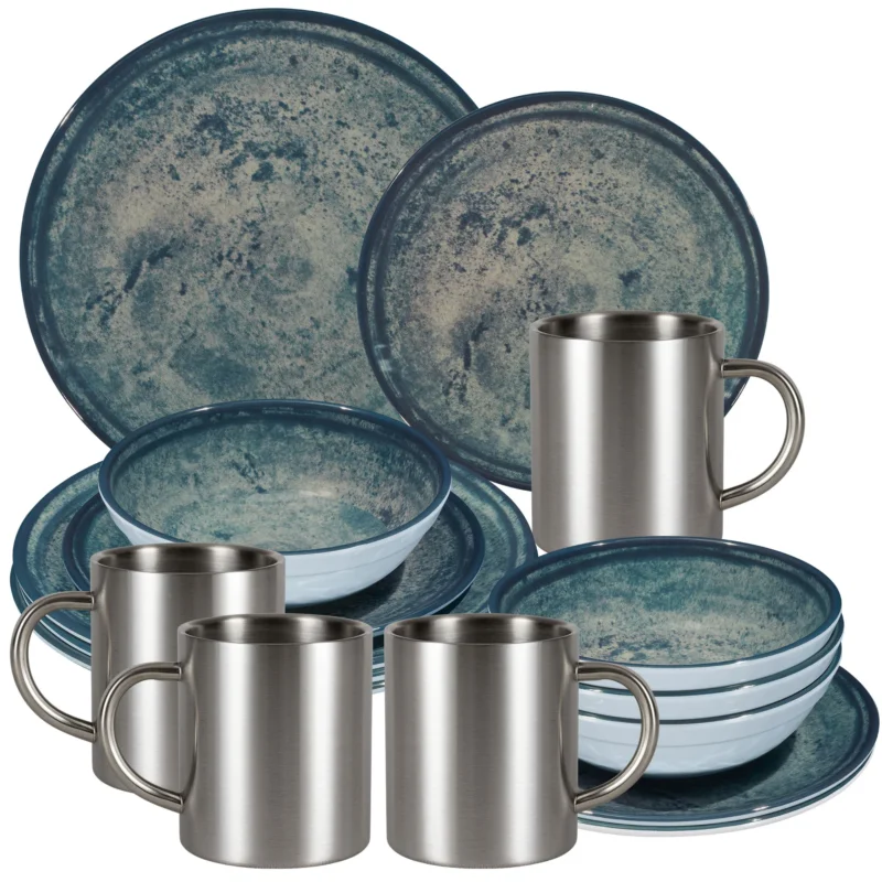 Melamin Geschirr Set Mondgranit Blau-Grau für 4 Personen - 16 Teile - mit Edelstahl Thermo Tassen Steingutoptik Spülmaschinengeeignet Essgeschirr Campingzubehör Campinggeschirr Wohnwagen Camping Festival Picknick Gartenparty