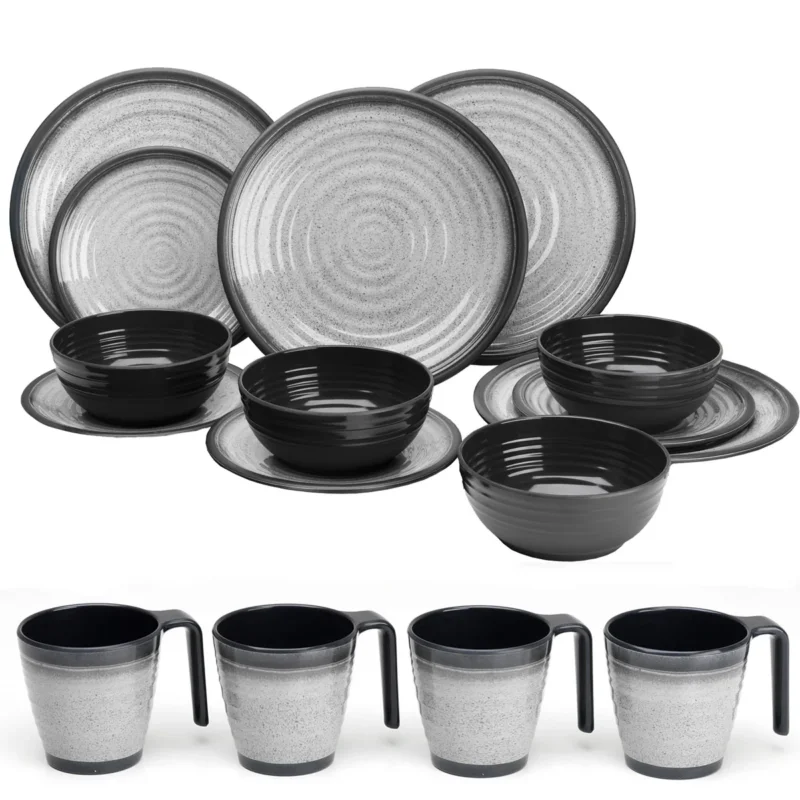 Melamin Geschirr Set für 4 Personen Grau Granit-Optik 16 Teile - mit Stapeltassen - Campinggeschirr Geschirrset Tafelgeschirr - Spülmaschinengeeignet Tableware Outdoor Camping