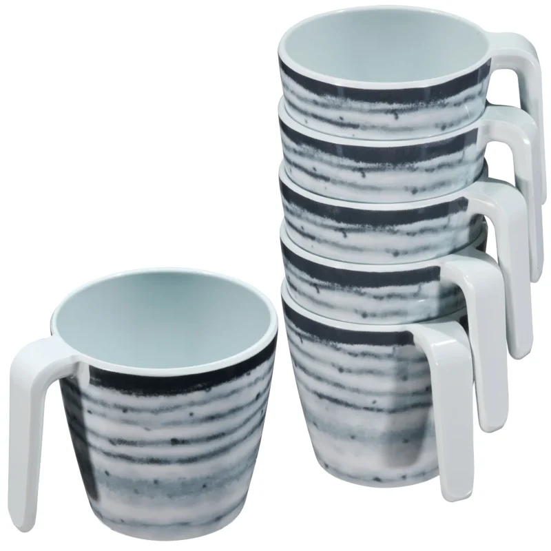Melamin 6 Tassen 350 ml ideal für Camping - Schiefer - Stapelbar - Steingutoptik Trinkbecher Kaffeetasse Kaffeebecher