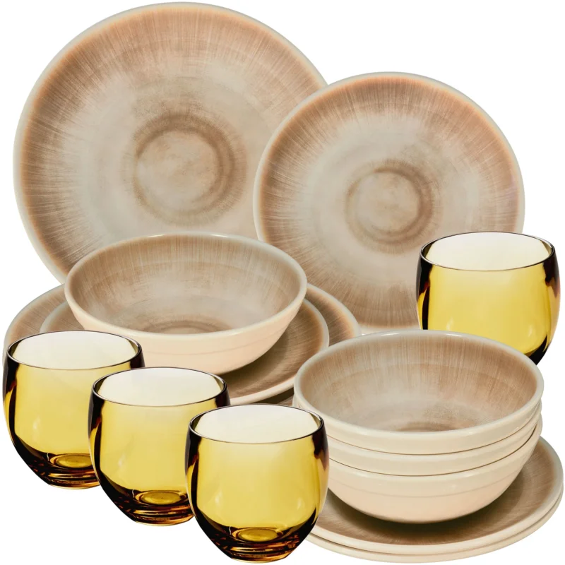 Melamin Geschirr Set Jesolo Sand für 4 Personen - 16 Teile - mit braunen Trinkglas 400ml Steingutoptik Spülmaschinengeeignet Essgeschirr Campingzubehör Campinggeschirr Wohnwagen Camping