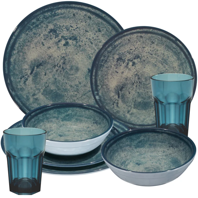Melamin Geschirr Set Mondgranit Blau-Grau für 2 Personen - 8 Teile - mit blauen Trinkgläsern 400ml Steingutoptik Spülmaschinengeeignet Essgeschirr Campingzubehör Campinggeschirr Wohnwagen Camping