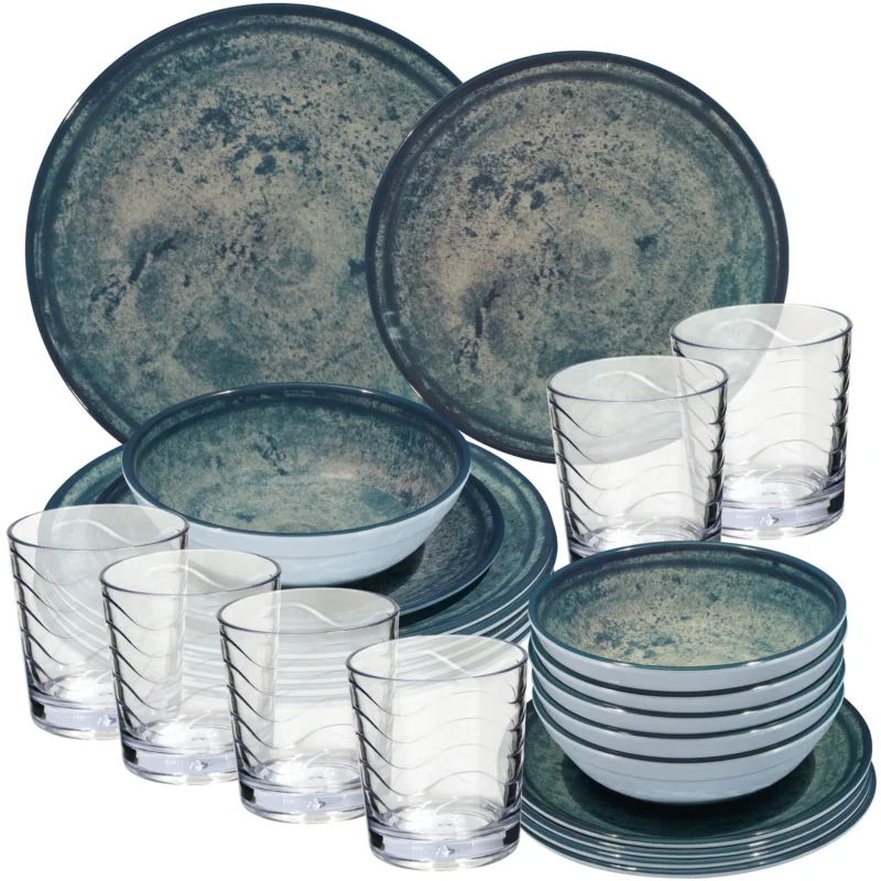 Melamin Geschirr Set Mondgranit Blau-Grau für 6 Personen - 24 Teile - mit klaren Trinkgläsern 250ml Steingutoptik Spülmaschinengeeignet Essgeschirr Campingzubehör Campinggeschirr Wohnwagen Camping