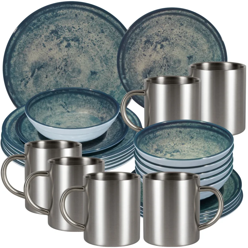 Melamin Geschirr Set Mondgranit Blau-Grau für 6 Personen - 24 Teile - mit Edelstahl Thermo Tassen Steingutoptik Spülmaschinengeeignet Essgeschirr Campingzubehör Campinggeschirr Wohnwagen Camping Festival Picknick Gartenparty