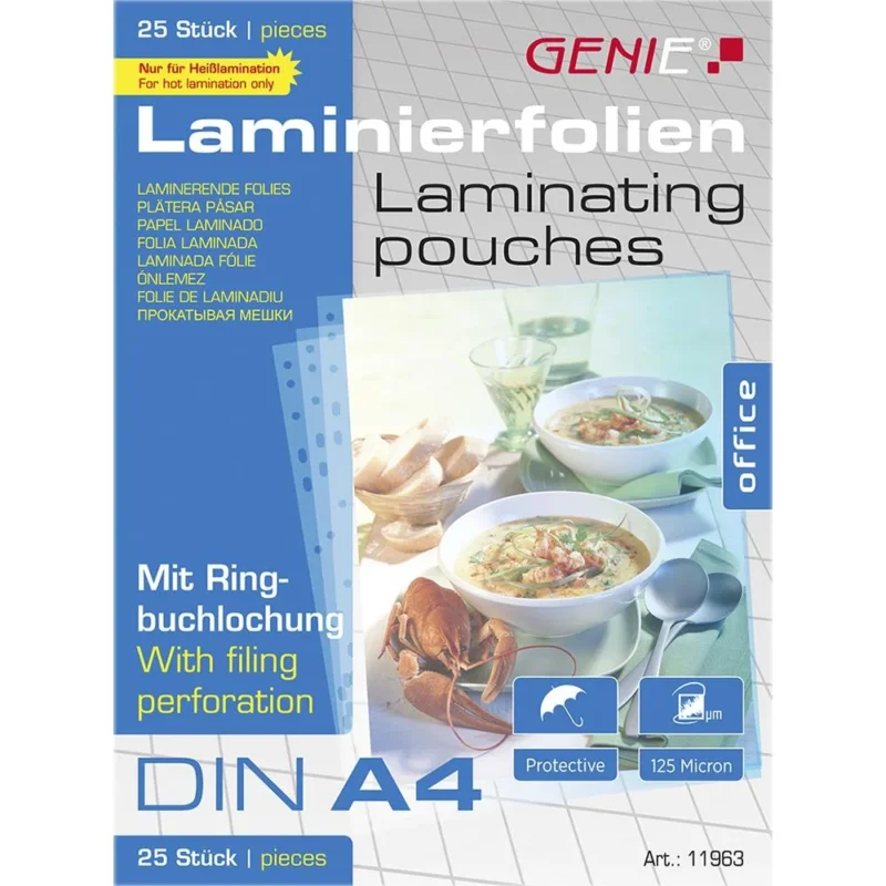 GENIE Laminierfolien DIN A4 mit Abheftrand Lochung 125 Mikron 25 Stück
