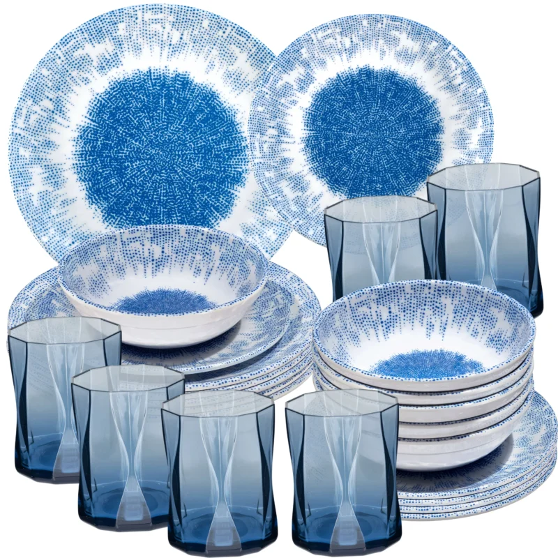 Melamin Geschirr Set Wish Flower Blau für 6 Personen - 24 Teile - mit blauem Trinkglas 300ml Steingutoptik Spülmaschinengeeignet Essgeschirr Campingzubehör Campinggeschirr Wohnwagen Camping