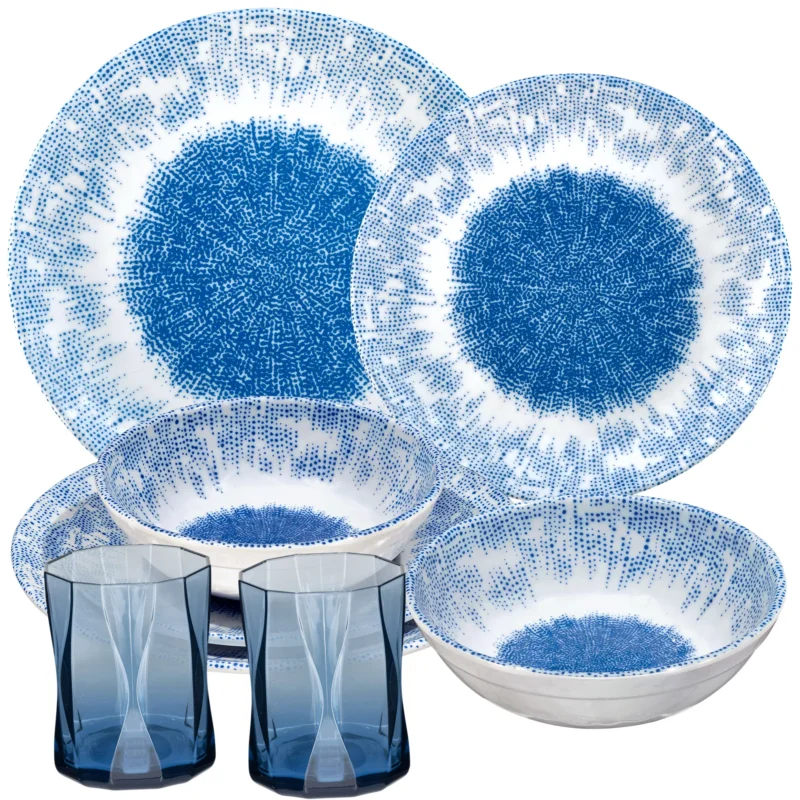 Melamin Geschirr Set Wish Flower Blau für 2 Personen - 8 Teile - mit blauem Trinkglas 300ml Steingutoptik Spülmaschinengeeignet Essgeschirr Campingzubehör Campinggeschirr Wohnwagen Camping