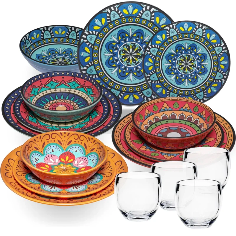 Melamin Geschirr Set Toskana für 4 Personen - 16 Teile - BUNT - Mandala-Optik mit klaren Trinkgläsern 400 ml aus Acryl Campinggeschirr