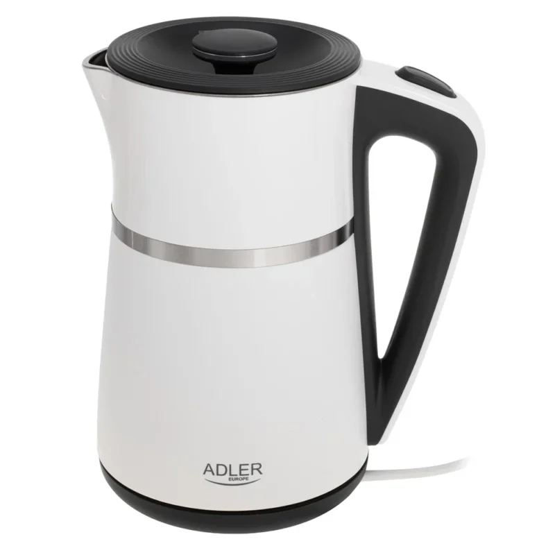 Adler AD 1355 Wasserkocher 1,7 Liter elektrischer Wasserkocher mit Doppelwand-Gehäuse, Edelstahl-Innenraum, 360° Basis, abnehmbarem Deckel, Trockenlaufschutz weiß