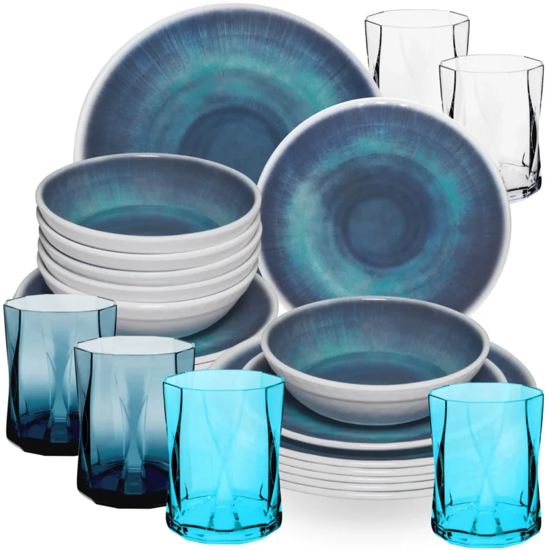 Melamin Geschirr Set Jesolo Blau für 6 Personen - 24 Teile - mit farblich passenden Trinkgläsern 300ml aus Acryl Campinggeschirr