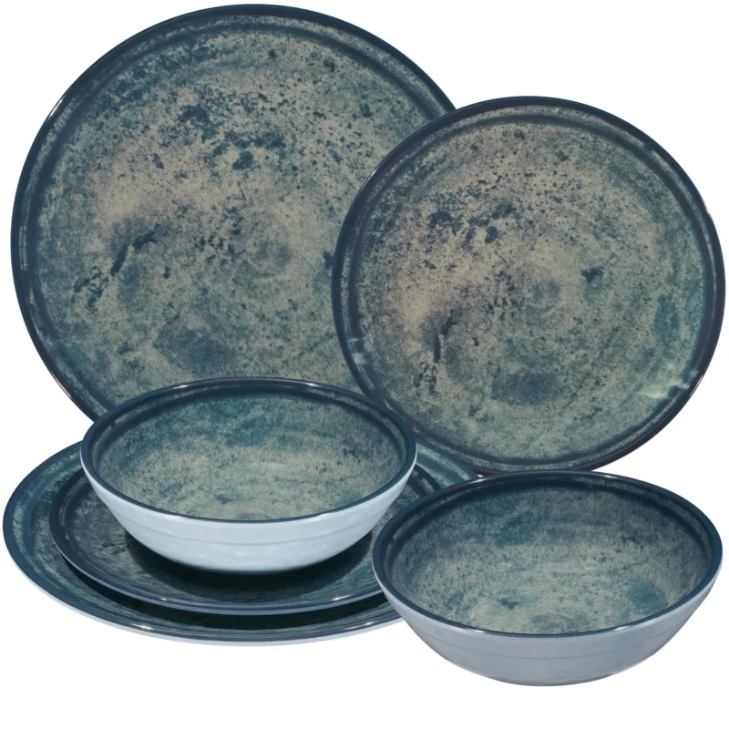Melamin Geschirr Set Mondgranit Blau-Grau für 2 Personen - 6 Teile - Steingutoptik