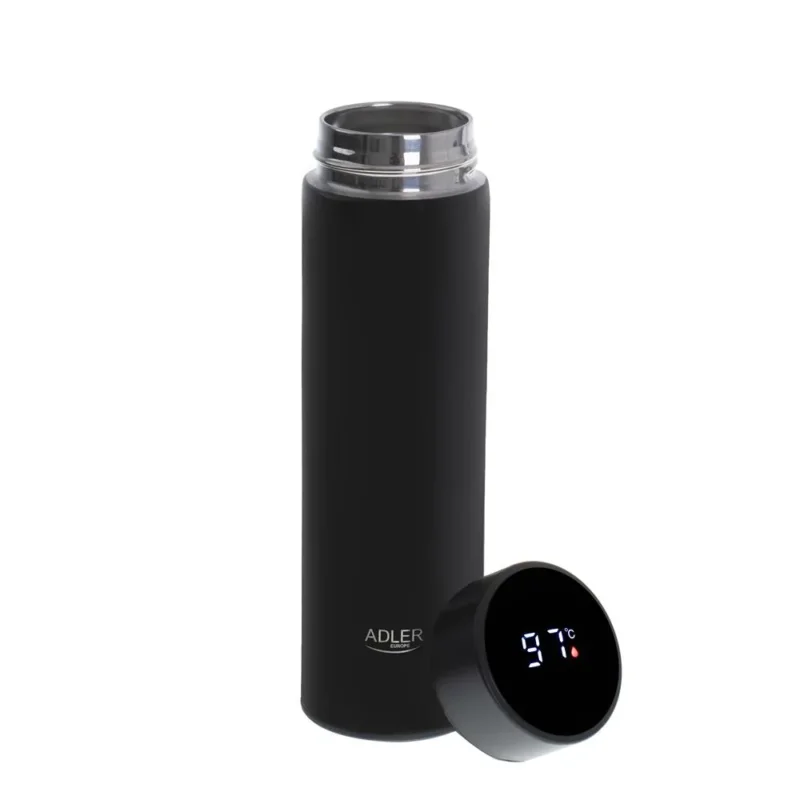 Adler Thermosflasche, 473ml, Schwarz, Trinkflasche mit LED-Temperaturanzeige