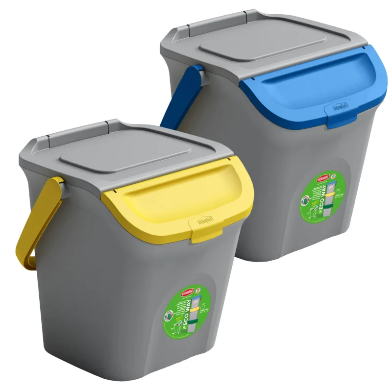 2x Stapelbarer Müllsortierer 28 Liter Grau mit FARBIGEM Faltdeckel 39x37x41 cm Mülleimer Mülltonne Mülltrennsystem Recyclingtonne verschließbarer Deckel