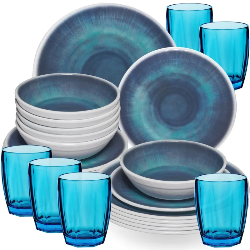 Melamin Geschirr Set Jesolo Blau für 6 Personen - 24 Teile - mit farblich passenden Trinkgläsern 320ml aus Acryl Campinggeschirr