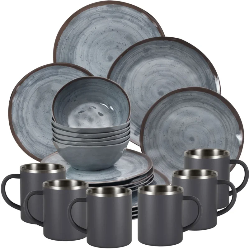 Melamin Geschirr Set Grau für 6 Personen 24 Teile mit Edelstahl Thermo Tassen doppelwandig - Tonoptik Essgeschirr - Campinggeschirr Picknick ideal für Camping modern Outdoor