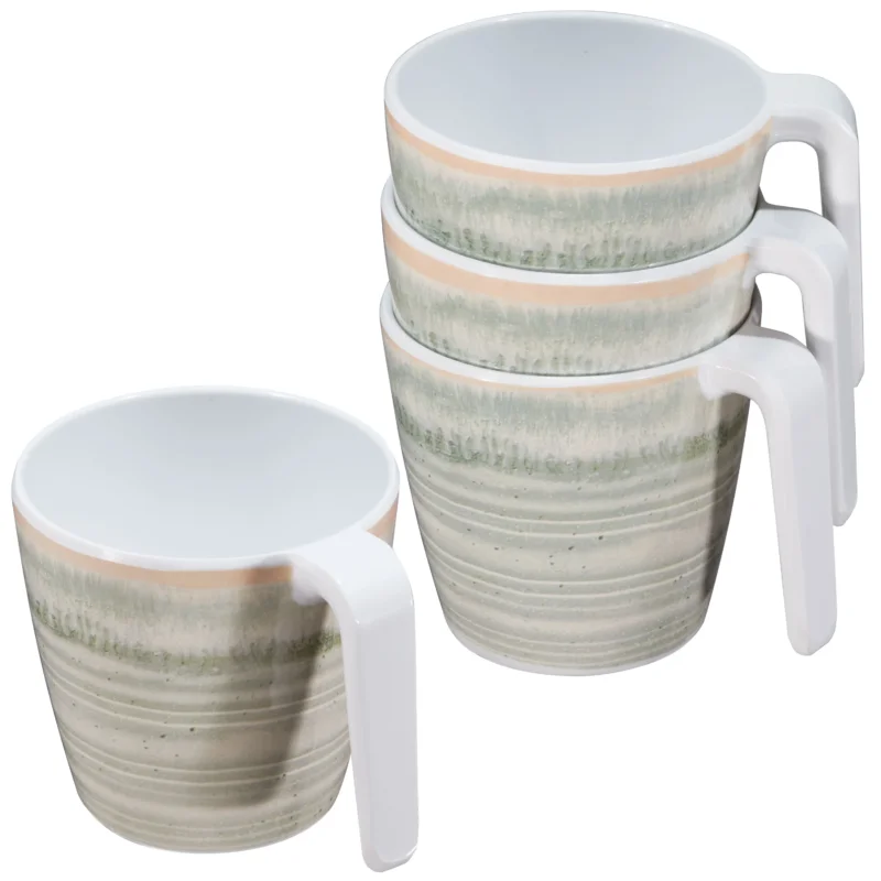 Melamin 4 Tassen 350 ml ideal für Camping - Smaragd Grün - Stapelbar - Steingutoptik Trinkbecher Kaffeetasse Kaffeebecher