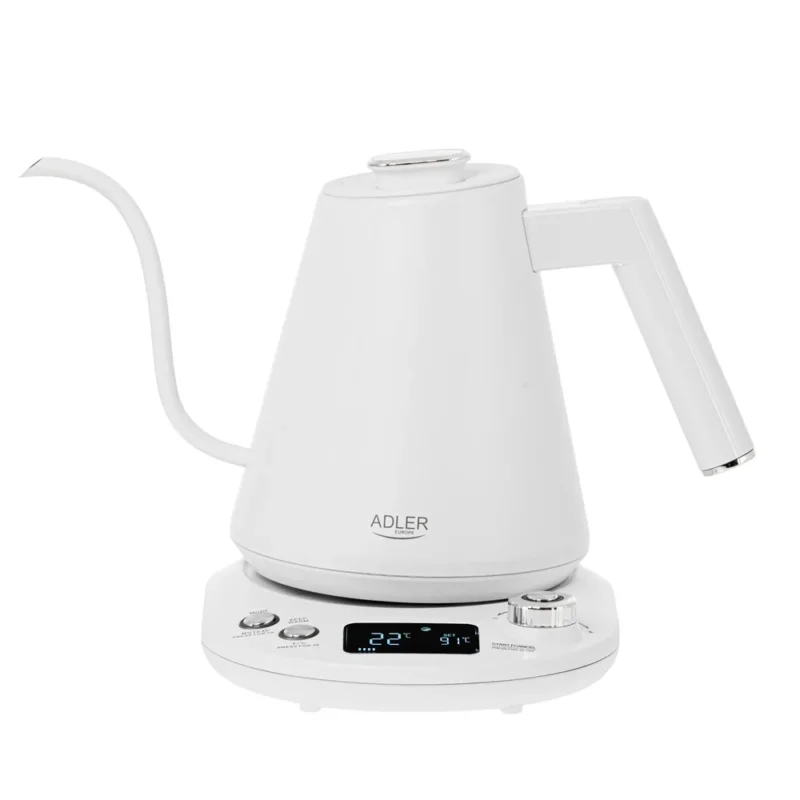 Adler AD 1349 Schwanenhals-Wasserkocher 1 L, elektrischer Schwanenhalskessel mit LED-Display, Temperaturregelung 40-100 °C, Warmhaltefunktion, 360° Basis, Weiß/Silber