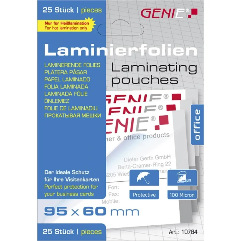 GENIE Laminierfolien Visitenkarten Format 100 Mikron 25 Stück