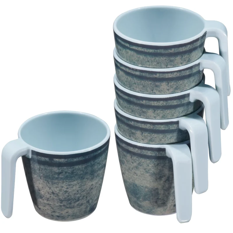 Melamin 6 Tassen 350 ml ideal für Camping - Mondgranit - Stapelbar - Steingutoptik Trinkbecher Kaffeetasse Kaffeebecher