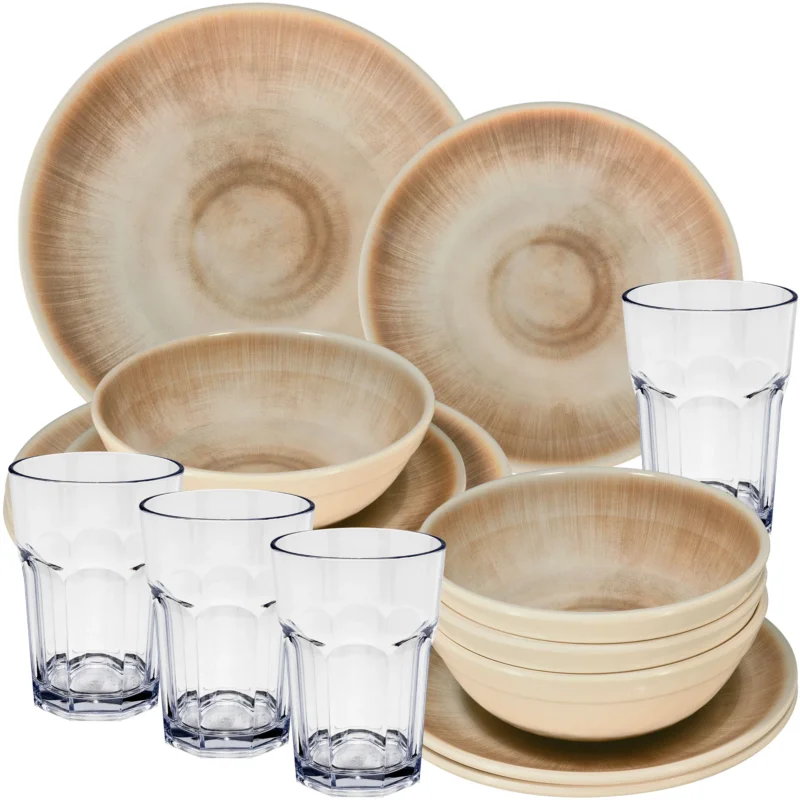 Melamin Geschirr Set Jesolo Sand für 4 Personen - 16 Teile - mit klarem Trinkglas 400ml Steingutoptik Spülmaschinengeeignet Essgeschirr Campingzubehör Campinggeschirr Wohnwagen Camping