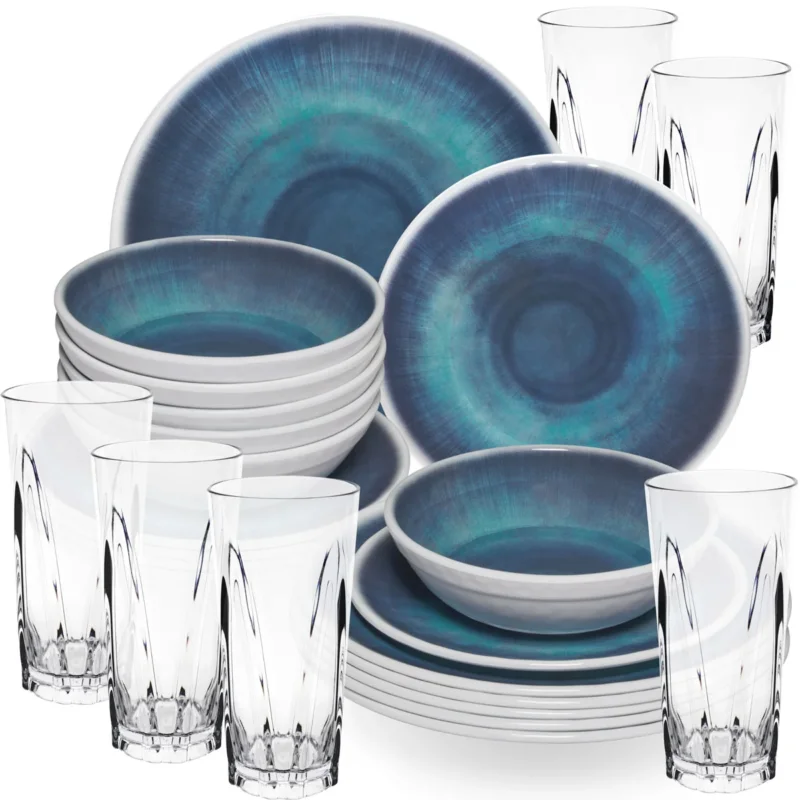 Melamin Geschirr Set Jesolo Blau für 6 Personen - 24 Teile - mit klarem Trinkglas 450ml - aus Acryl Steingutoptik Campinggeschirr