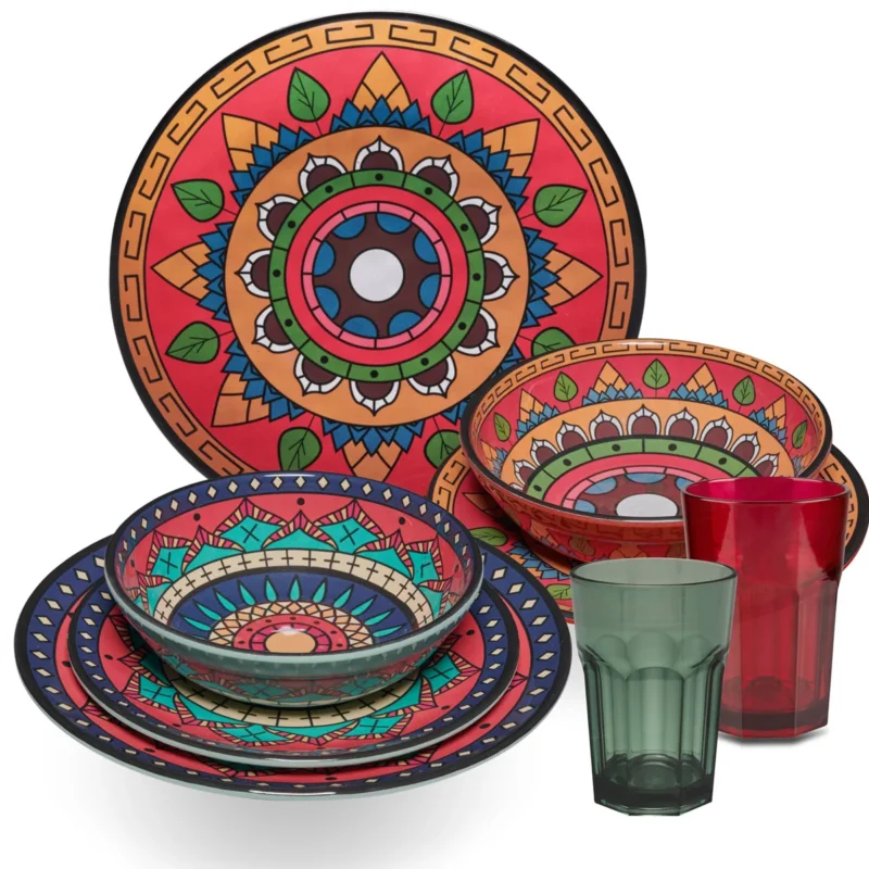 Melamin Geschirr Set Toskana Deep für 2 Personen - 8 Teile - Rot-Grün - Mandala-Optik mit farblich passenden Trinkgläsern 400 ml Campinggeschirr
