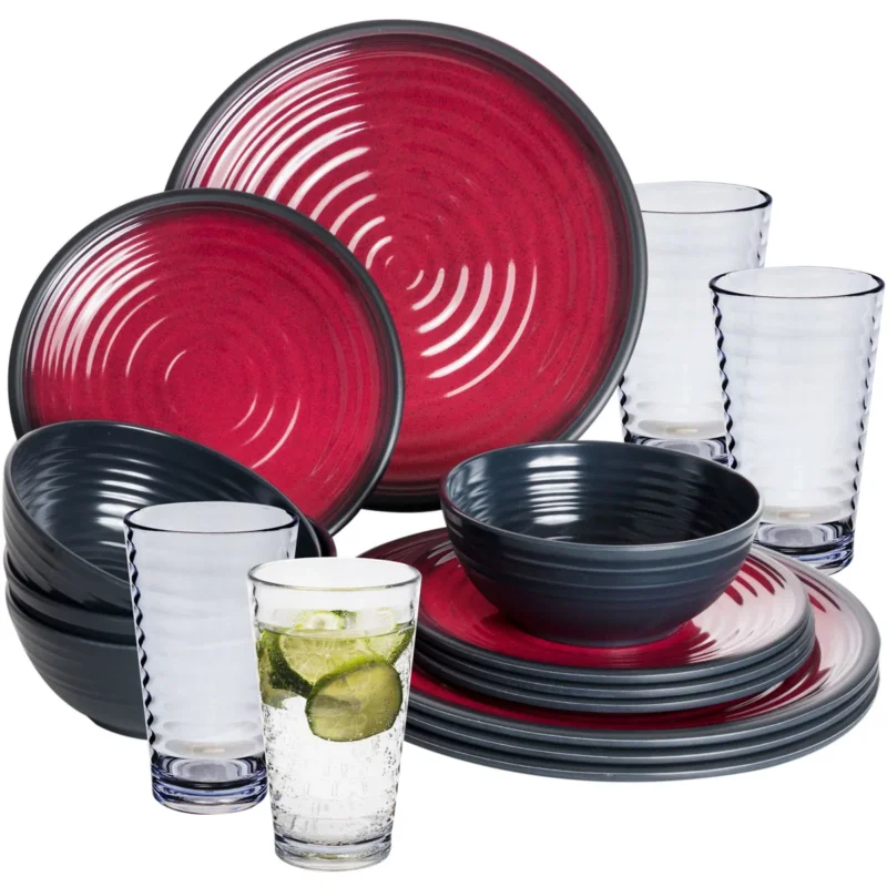 Melamin Geschirr Set Rot für 4 Personen 16 Teile mit Trinkglas Klar Tonoptik - Essgeschirr Acryl Wasserglas - Campinggeschirr