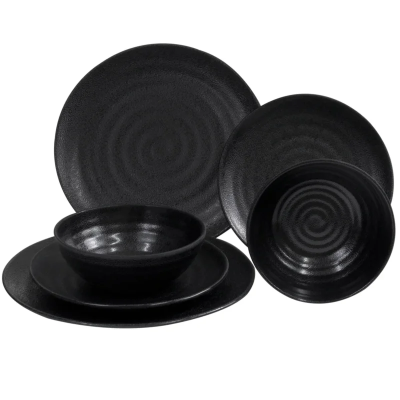 Melamin Camping Geschirr Set für 2 Personen Steingut Optik schwarz - 6 Teile - mit Tellern und Schälchen Campinggeschirr
