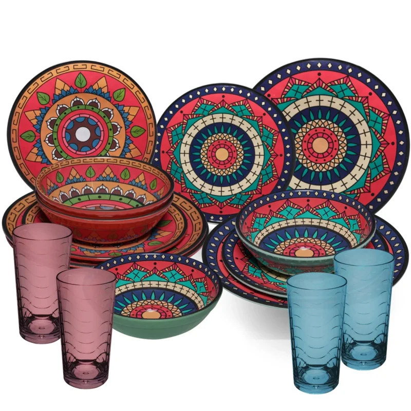 Melamin Geschirr Set Toskana Deep für 4 Personen - 16 Teile Rot-Grün - Mandala-Optik mit farblich passenden Trinkgläsern 260 ml Campinggeschirr