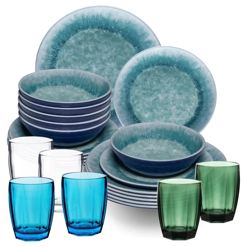 Melamin Geschirr Set Adria Blue für 6 Personen - 24 Teile Blau - mit farblich passenden Trinkgläsern 320 ml aus Acryl Steingutoptik Campinggeschirr