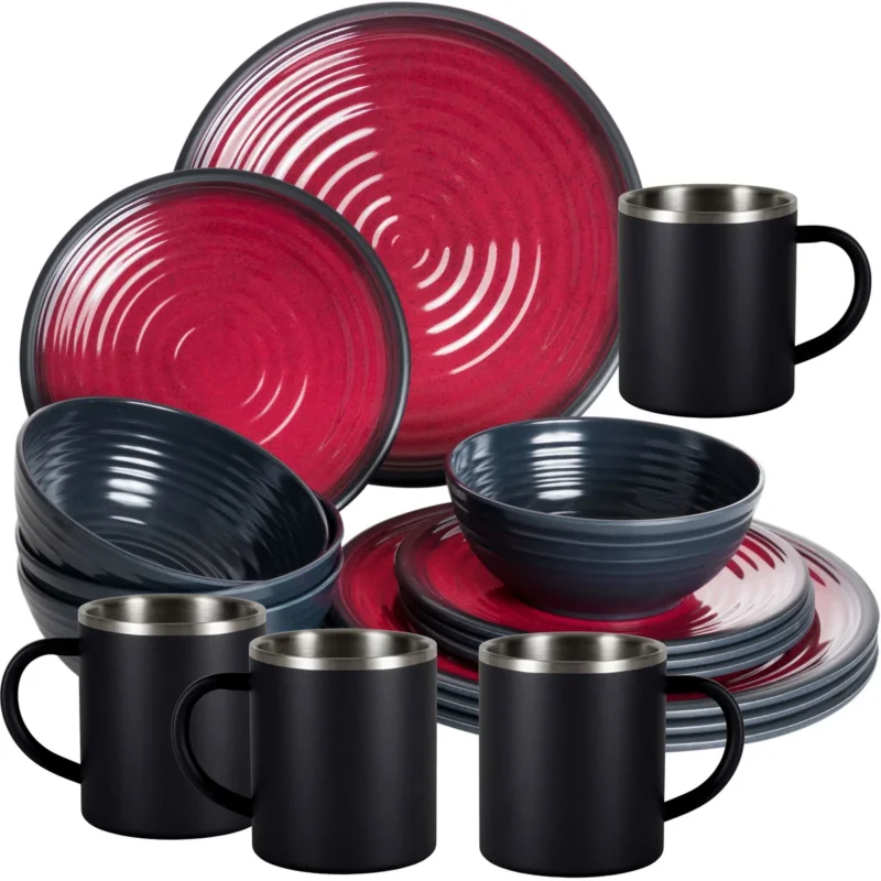 Melamin Geschirr Set Rot Schwarz für 4 Personen 16 Teile mit Edelstahl Thermo Tassen doppelwandig - Tonoptik Essgeschirr - Campinggeschirr Picknick ideal für Camping modern Outdoor