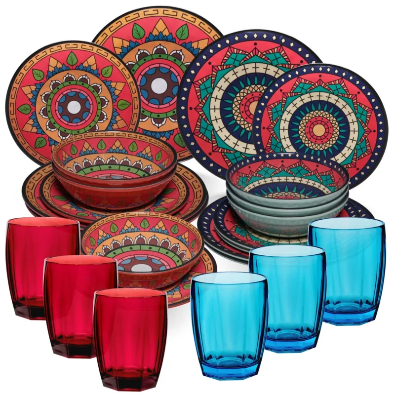 Melamin Geschirr Set Toskana Deep für 6 Personen - 24 Teile Rot-Grün - Mandala-Optik mit farblich passenden Trinkgläsern 320 ml Campinggeschirr