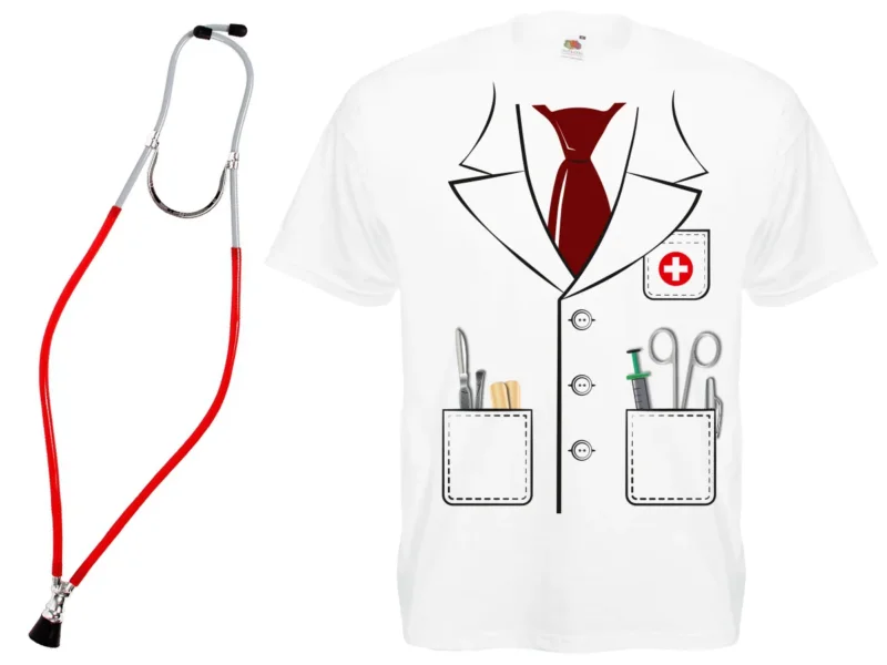 T-Shirt im Arztkittel-Stil mit rotem Stethoskop