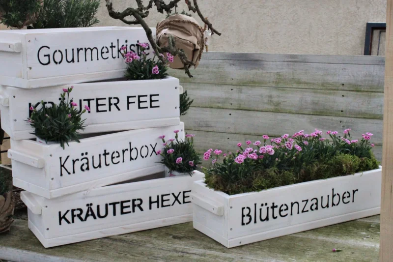 Blumenkasten " Das Original von Dekorie " aus Holz mit Schriftzug und Holz Griffen 50 - 90 cm breit / 19,5 cm tief / in Weiß