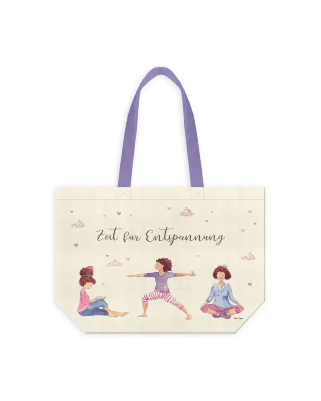 Einkaufstasche "Kleine Auszeit" von Grätz Verlag auf weißen Hintergrund. Das Motiv besteht aus 3 Frauen welche verschiedene Entspannungsübungen machen und die Aufschrift "Zeit für Entspannung".