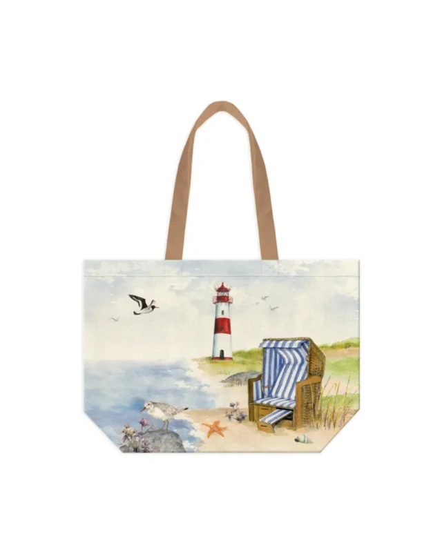 Einkaufstasche von Grätz Verlag aus Baumwolle vor weißen Hintergrund. Auf dem Motiv ist ein Strand, ein Leuchtturm und Vögel zu sehen.