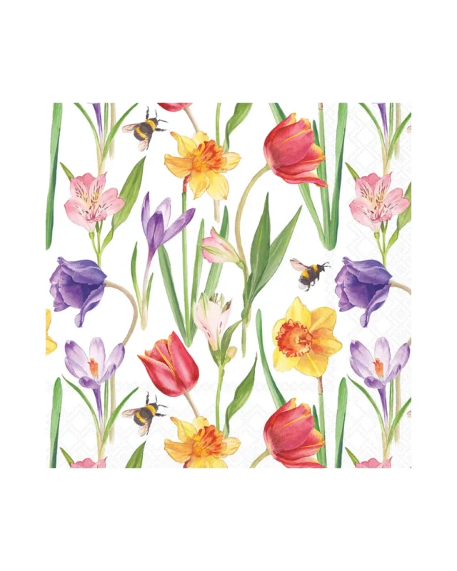 Lunch- und Cocktailservietten „Flowers in Spring“ von Ambiente mit Tulpen, Narzissen und Frühlingsblumen