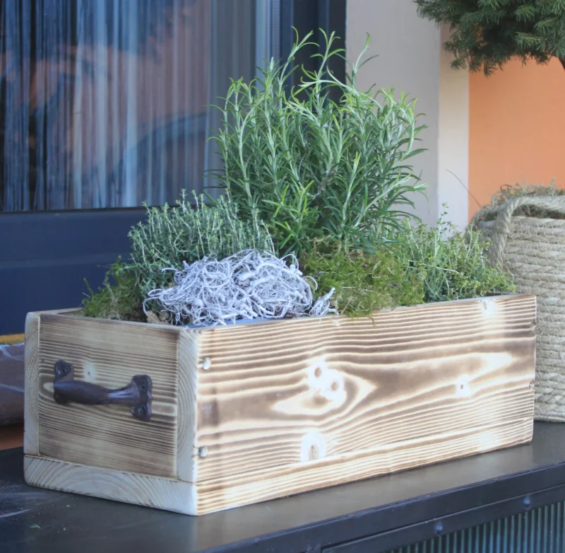 Blumenkasten " Das Original von Dekorie " aus Holz mit Eisen Griffen 30 - 90 cm breit / 19,5 cm tief / in geflammt