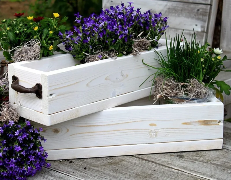 Blumenkasten aus massivem Holz in Weiß mit Metall Griffen 30 - 90 cm breit / 19,5 cm tief
