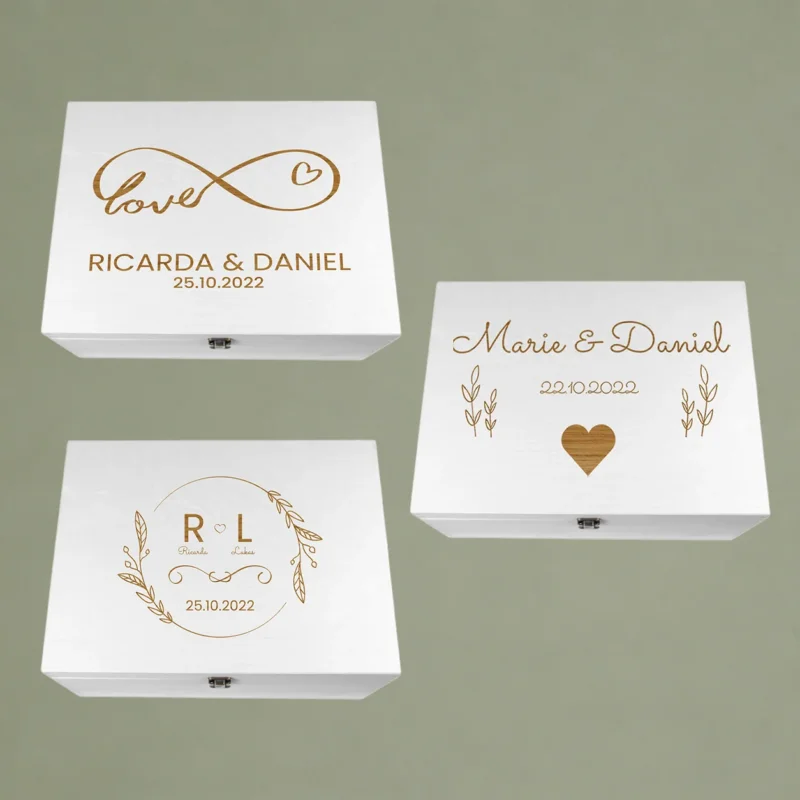 Holzkiste Hochzeit Weiß personalisiert mit Deckel – Personalisierte Holzbox mit Gravur & Wunschtext – Geschenkbox für Brautpaar & Geldgeschenke – Edle Erinnerungsbox aus Holz zur Hochzeit & Dekoration