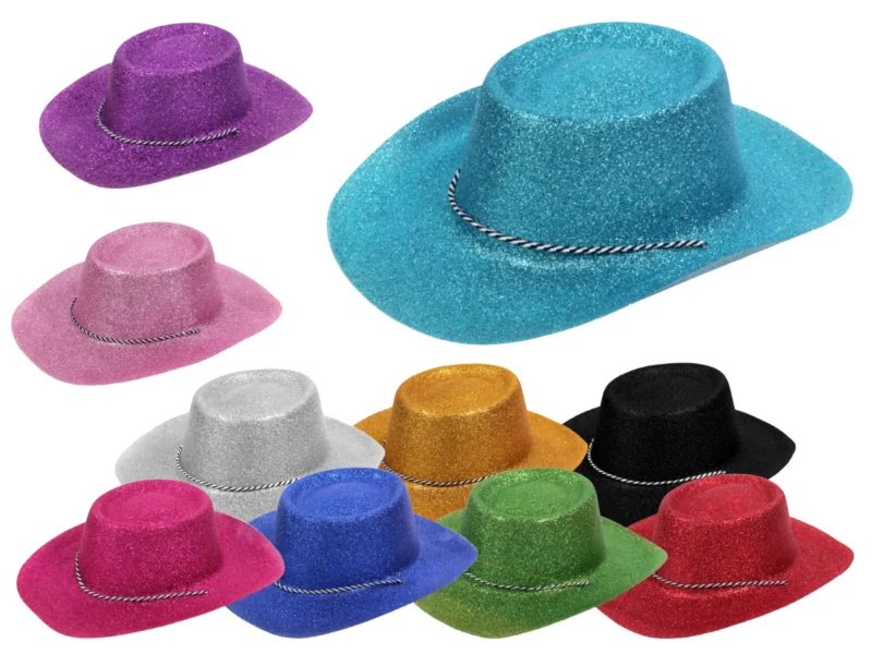 Glitzer Disco Cowboy Hut mit Kordel Partyhut Glitzerhut für Damen Herren Unisex Kostüm Accessoire Karneval Fasching Festival Club Mottoparty Tanz Bühne