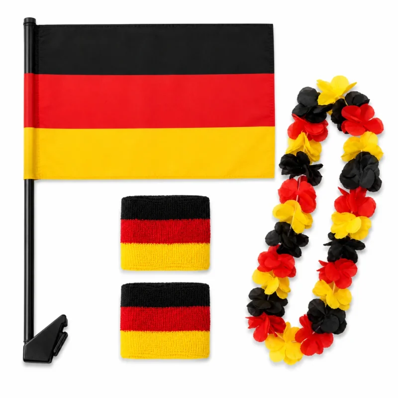 Deutschland Fan Set 4-teilig mit Autoflagge, 2 Schweißbändern und Hawaiikette, Schwarz Rot Gold Fanartikel für Auto Fußball WM 2026 Public Viewing Party