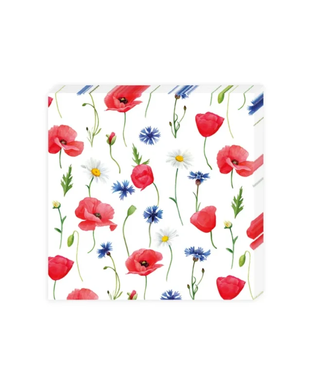 Cocktailservietten „Blumenmeer“ vom Grätz Verlag mit Illustrationen von roten Mohnblumen, weißen Margeriten und blauen Kornblumen auf weißem Hintergrund, frontal dargestellt.