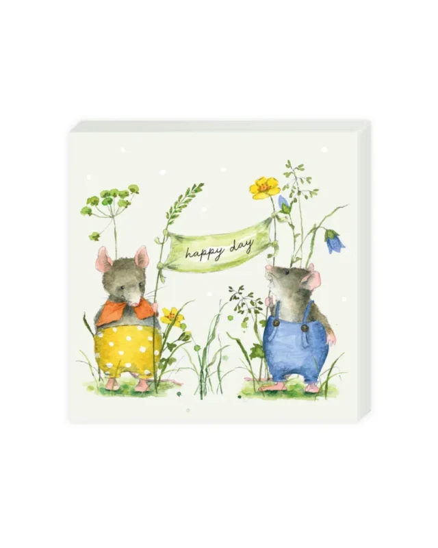 Cocktailservietten „Mäuseparty“ vom Grätz Verlag mit zwei Mäusen, Blumenillustrationen und dem Schriftzug „happy day“, frontal dargestellt auf weißem Hintergrund.