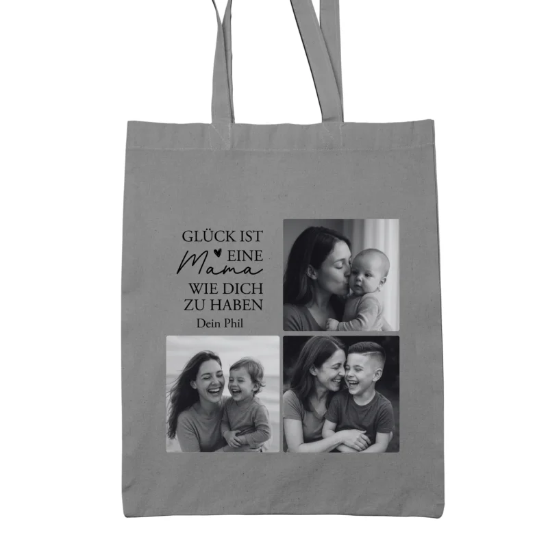 Personalisierte Tragetasche Mama Geschenk Muttertag mit Foto Wunschname Stoffbeutel Jutebeutel Tasche personalisiert Geburtstag Familie Schwarz Beige Grau wählbar