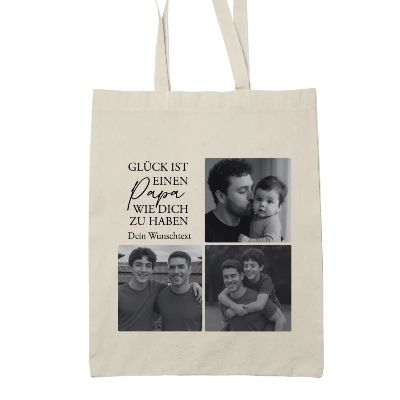 Personalisierte Tragetasche Vater Geschenk Vatertag mit Foto Wunschname Stoffbeutel Jutebeutel Tasche personalisiert Papa Geburtstag Familie Schwarz Beige Grau wählbar lange Henkel